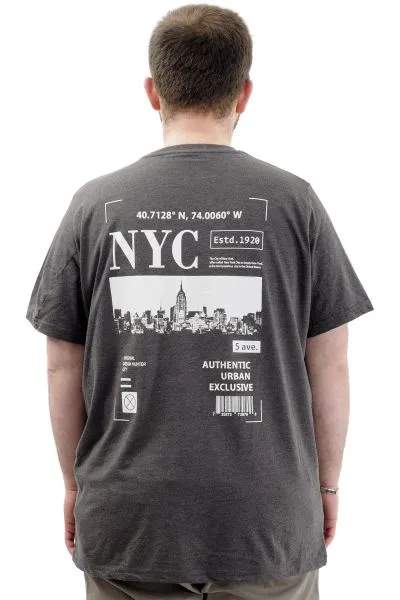 Büyük Beden Erkek Tişört Baskılı Pamuklu Bisiklet Yaka T-Shirt NYC U24068 Antramelanj