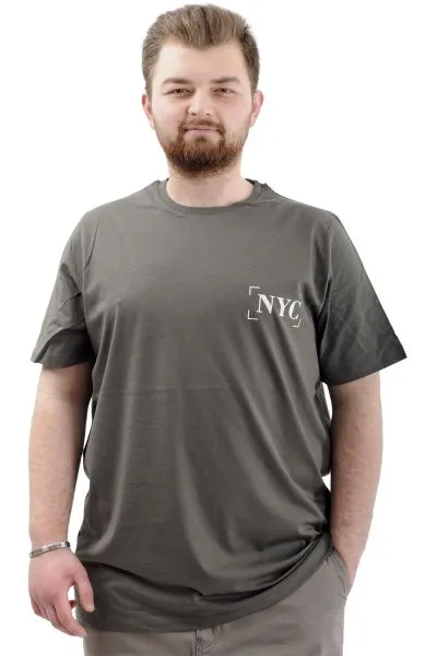Büyük Beden Erkek Tişört Baskılı Pamuklu Bisiklet Yaka T-Shirt NYC U24068 Haki