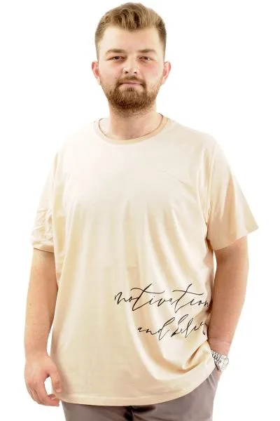 Battal Beden Erkek Pamuklu T-Shirt Yumuşak Dokulu Baskılı BELIEF U24085 Bej