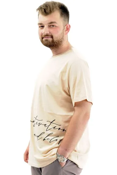 Battal Beden Erkek Pamuklu T-Shirt Yumuşak Dokulu Baskılı BELIEF U24085 Bej