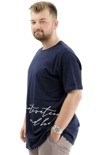 Battal Beden Erkek Pamuklu T-Shirt Yumuşak Dokulu Baskılı BELIEF U24085 Lacivert