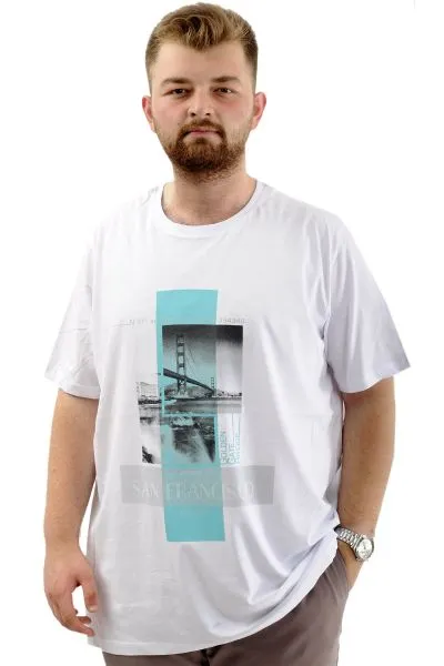 Battal Beden Erkek Pamuklu T-Shirt Yumuşak Dokulu Baskılı FRANCISCO U24086 Beyaz