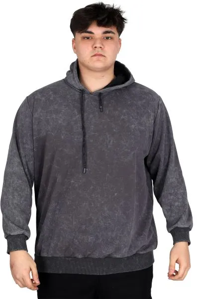 Büyük Beden Erkek Kapüşonlu Sweatshirt Asit Yıkama Interlok U24167 Füme