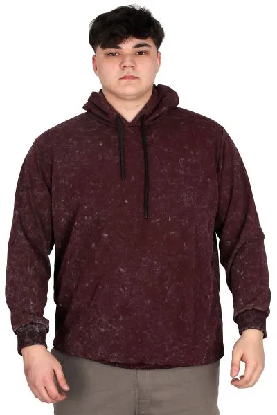 Büyük Beden Erkek Kapüşonlu Sweatshirt Asit Yıkama Interlok U24167 Mürdüm
