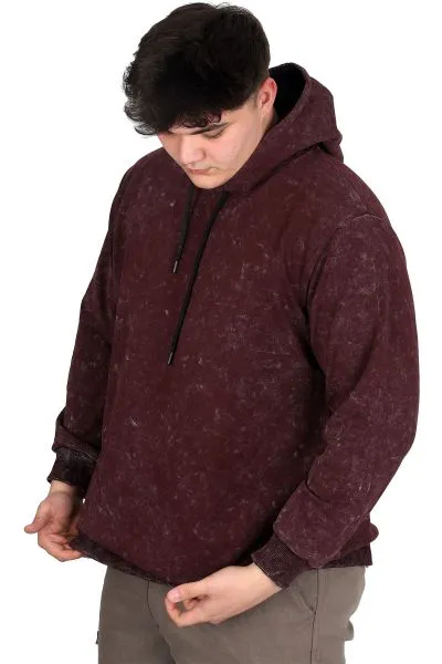 Büyük Beden Erkek Kapüşonlu Sweatshirt Asit Yıkama Interlok U24167 Mürdüm