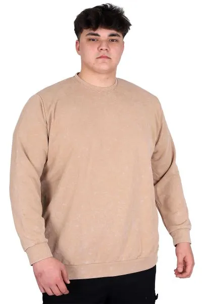 Büyük Beden Erkek Bisiklet Yaka Sweatshirt Asit Yıkama Interlok U24175 Bej