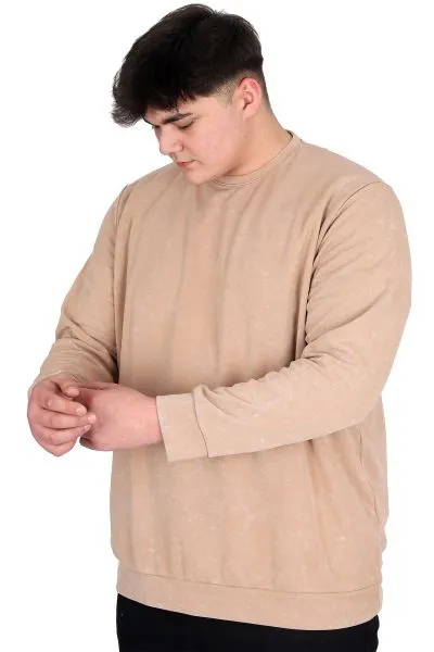 Büyük Beden Erkek Bisiklet Yaka Sweatshirt Asit Yıkama Interlok U24175 Bej