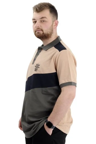 Big Size Mens Polo T-shirt Renk Bloklu U24322 Beige