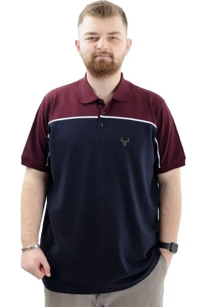 Büyük Beden Erkek T-Shirt Polo Yaka Renk Bloklu DEER U24324 Lacivert
