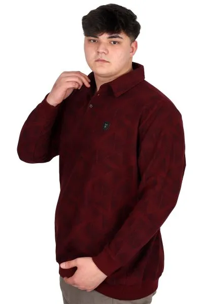 Büyük Beden Erkek Polo Yaka Sweatshirt Baskılı Selanik U24440 Bordo