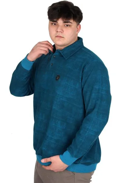 Büyük Beden Erkek Polo Yaka Sweatshirt Baskılı Selanik U24440 Turkuaz