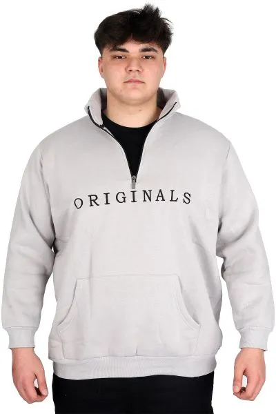 Büyük Beden Erkek Sweatshirt Fermuarlı Dik Yaka U24543 Gri