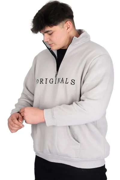 Büyük Beden Erkek Sweatshirt Fermuarlı Dik Yaka U24543 Gri