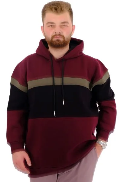 Büyük Beden Erkek 3 İplik Sweatshirt Garnili Kapüşonlu U24545 Mürdüm