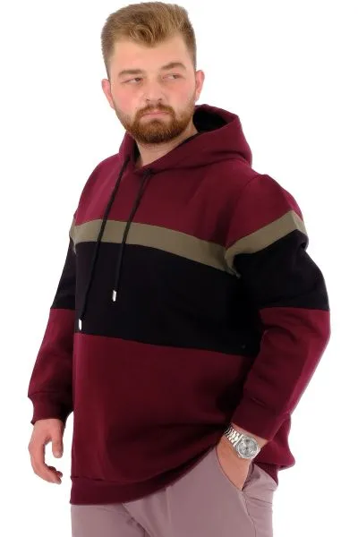 Büyük Beden Erkek 3 İplik Sweatshirt Garnili Kapüşonlu U24545 Mürdüm