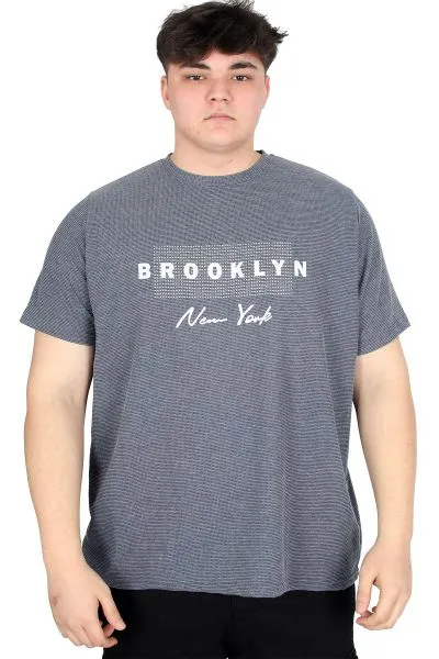 Büyük Beden Erkek Tişört Baskılı BROOKLYN WAFFLE U25002 Koyu Mavi
