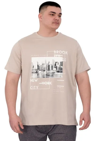 Büyük Beden Erkek T-Shirt Bisiklet Yaka New York U25005 Bej