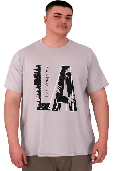 Büyük Beden Erkek T-Shirt Bisiklet Yaka Los Angeles U25006 Gri