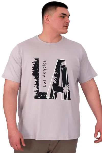 Büyük Beden Erkek T-Shirt Bisiklet Yaka Los Angeles U25006 Gri
