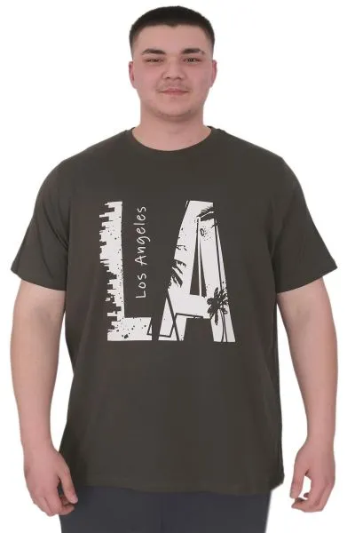 Büyük Beden Erkek T-Shirt Bisiklet Yaka Los Angeles U25006 Haki