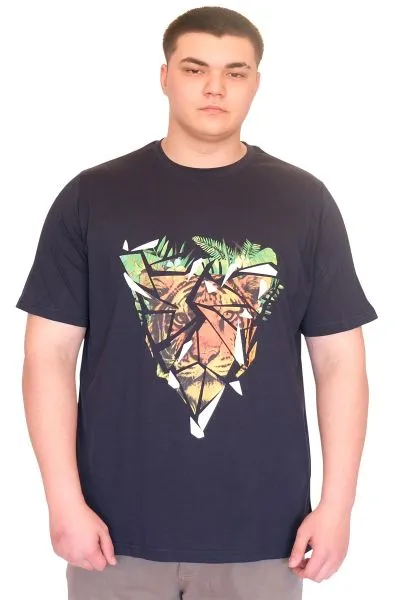 Büyük Beden Erkek T-Shirt Bisiklet Yaka TIGER Baskılı U25007 Lacivert