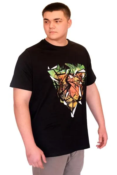 Büyük Beden Erkek T-Shirt Bisiklet Yaka TIGER Baskılı U25007 Siyah