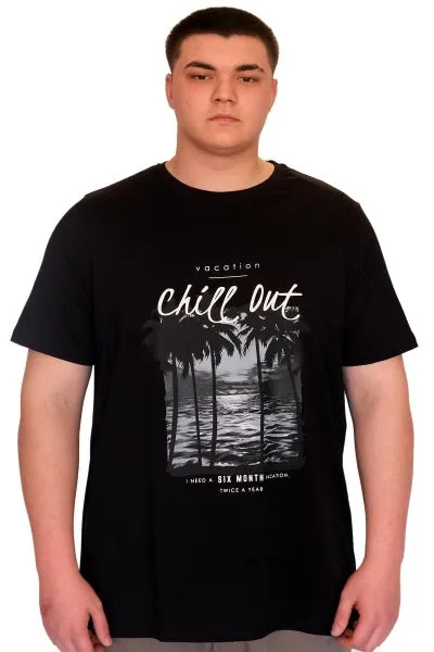 Büyük Beden Erkek T-Shirt Bisiklet Yaka CHILL OUT Baskılı U25008 Siyah