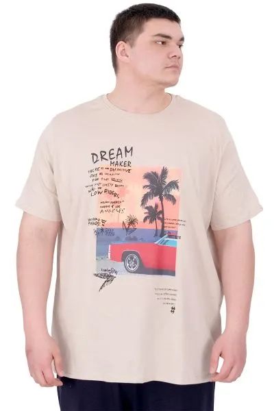 Büyük Beden Erkek Baskılı T-Shirt Palm Dream U25026 Bej
