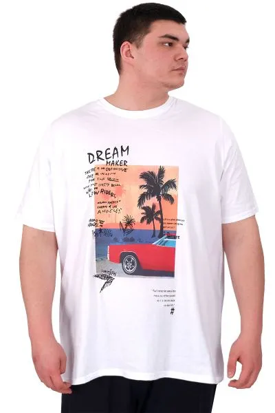 Büyük Beden Erkek Baskılı T-Shirt Palm Dream U25026 Beyaz