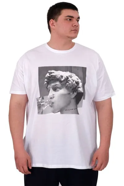 Büyük Beden Erkek T-Shirt Bisiklet Yaka STATUE U25027 Beyaz