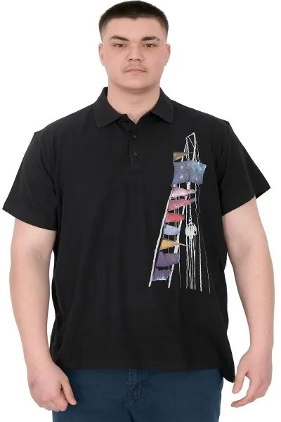 Büyük Beden Erkek T-Shirt Polo Flag U25304 Siyah