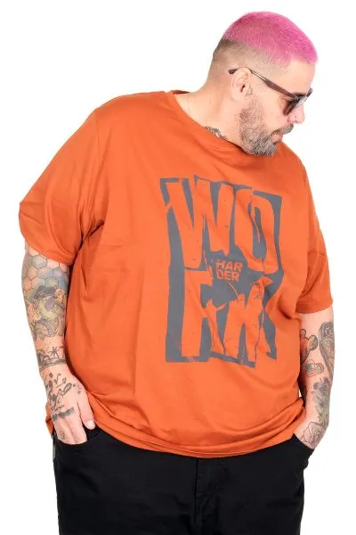 Big Size T-Shirt Work Harder U26166 CINNAMON