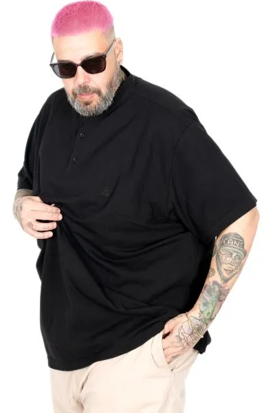 Büyük Beden Erkek Tişört Düğmeli Hakim Yaka T-Shirt U24339 Siyah