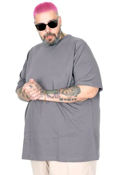 Büyük Beden Kalın Basic T-Shirt 25162 Gri