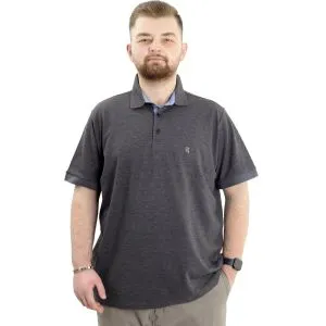 Battal Beden Erkek Tshirt Polo Yaka Nakışlı Klasik Pike 20553 Antrasit