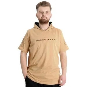 Büyük Beden Erkek T-shirt Kapşonlu BORN TO BE WILD 23122 Bej