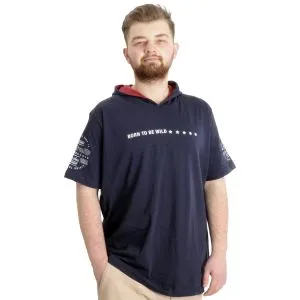 Büyük Beden Erkek T-shirt Kapşonlu BORN TO BE WILD 23122 Lacivert