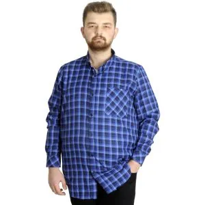 Big Size Mens Plaid Long Sleeved Pocket Shirt 23300 Indıgo