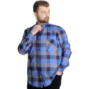 Big Size Mens Plaid Long Sleeved Pocket Shirt 23300 Navy Blue