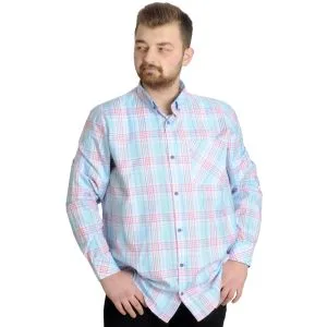 Big Size Mens Plaid Long Sleeved Pocket Shirt 23300 Pink