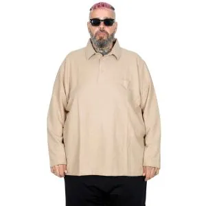 Plus Size Men's Long Sleeve Polo Sweatshirt WAFFLE 23449 Beige