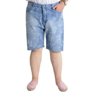 Büyük Beden Erkek Kot Şort YAPRAK DESENLİ 23807 Buz Mavi