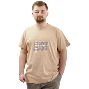 Büyük Beden Erkek T-Shirt V Yaka Baskılı BELIEVE U24054 Bej