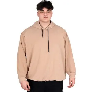Büyük Beden Erkek Kapüşonlu Sweatshirt Asit Yıkama Interlok U24167 Bej