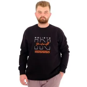 Büyük Beden Erkek Sweatshirt 3 İplik Şardonlu Baskılı BELIEVE U24527 Siyah