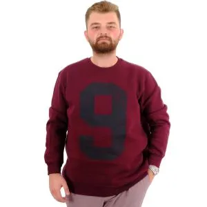 Büyük Beden Erkek Sweatshirt 3 İplik Şardonlu Baskılı NINE U24528 Mürdüm