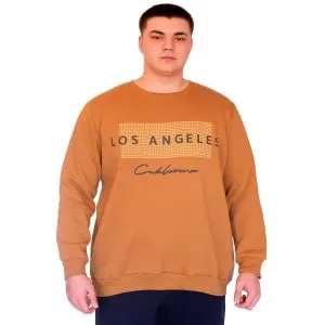 Büyük Beden Erkek Sweatshirt Bisiklet Yaka LOS ANGELES U24561 Camel