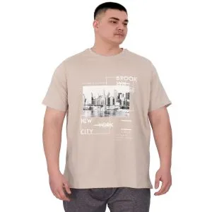 Büyük Beden Erkek T-Shirt Bisiklet Yaka New York U25005 Bej
